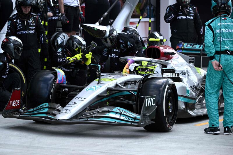 Lewis Hamilton makes a pit stop on his way to a sixth-place finish at the Miami Grand Prix on May 8, 2022. AFP