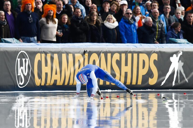 Norway's Sverre Lunde Pedersen slips during the 10,000m race at the ISU World Allround Speed Skating Championships in Amsterdam. Vincent Jannink / ANP / AFP Photo