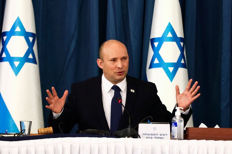 Israeli Prime Minister Naftali Bennett speaks at the weekly Cabinet meeting in Jerusalem on Sunday. AFP