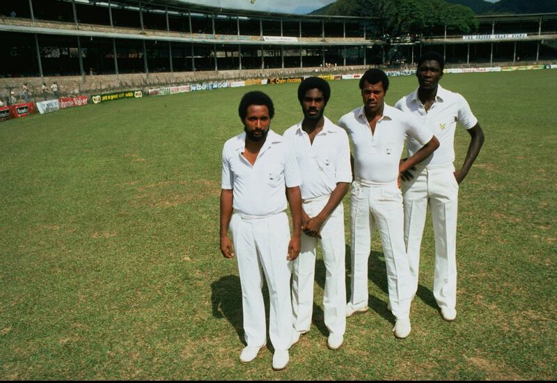 18 Feb 1981:  Greatest fast bowling combination ever from (L to R) Andy Roberts, Michael Holding, Colin Croft and Joel Garner of the West Indies during the First Test match against England at Queen's Park Oval in Port-of-Spain, Trinidad. The West Indieswon the match by an innings and 79 runs.   \ Mandatory Credit: Adrian  Murrell/Allsport