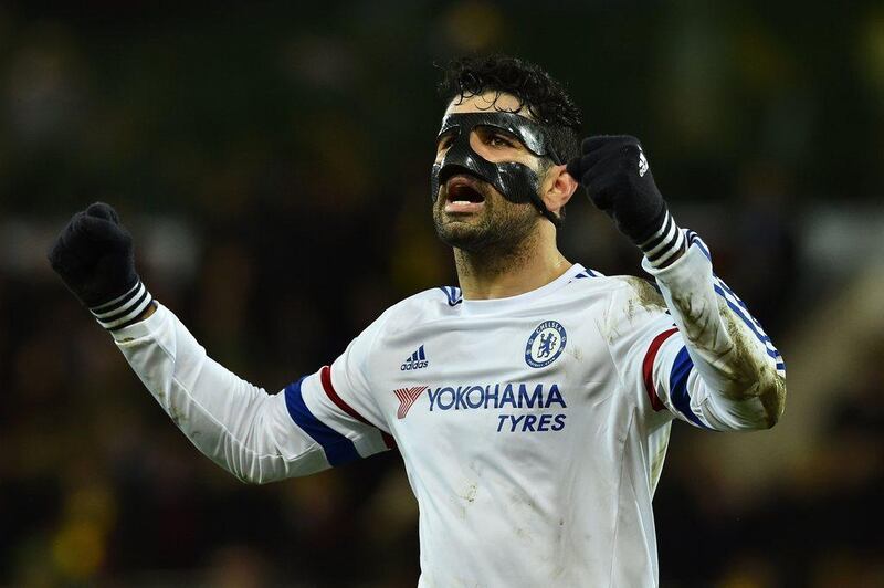 Chelsea's Diego Costa celebrates after his team's win against Norwich City on Tuesday night in the Premier League. Ben Stansall / AFP / March 1, 2016  