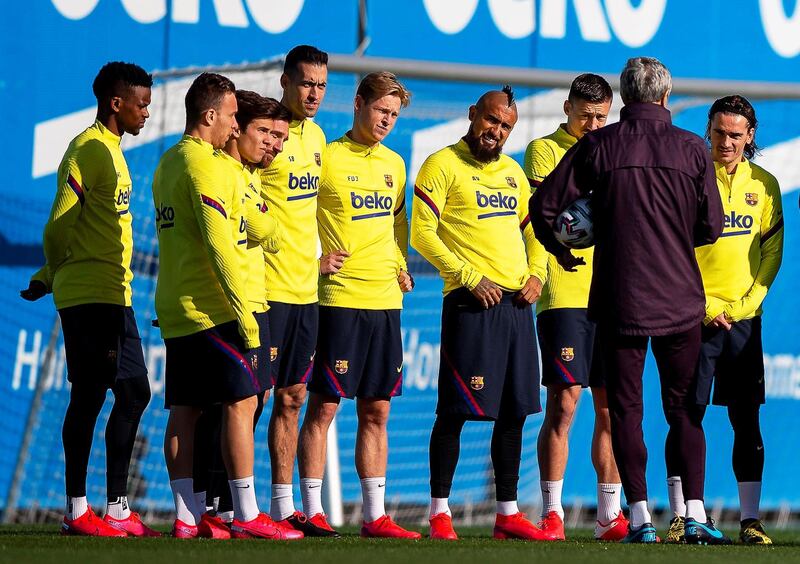 Barcelona manager Quique Setien leads his team's training session on Wednesday, on the eve of their Copa del Rey match against Athletic Bilbao. EPA