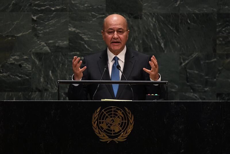 Barham Saleh, President of Iraq speaks during the 74th Session of the General Assembly at the United Nations headquarters in New York on September 25, 2019. (Photo by TIMOTHY A. CLARY / AFP)