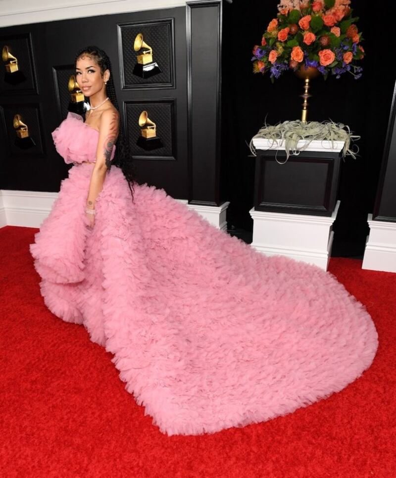 To host the Grammy Awards Premiere Ceremony in March, American singer Jhene Aiko went for feminine pink frills by Bahraini label Monsoori. Getty Images
