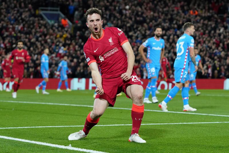 Diogo Jota celebrates after scoring Liverpool's first goal in their 2-0 Champions League win over Atletico Madrid at Anfield on Wednesday, November 3. AP