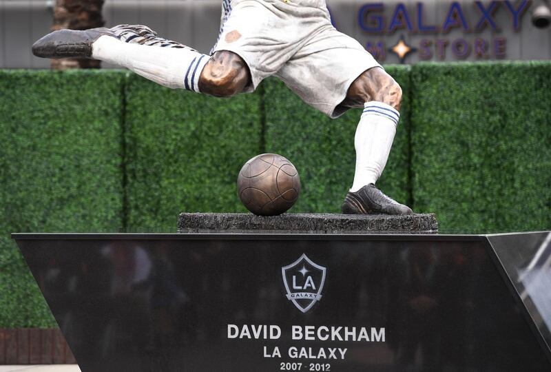 The newly unveiled statue of former Los Angeles Galaxy midfielder David Beckham. AFP