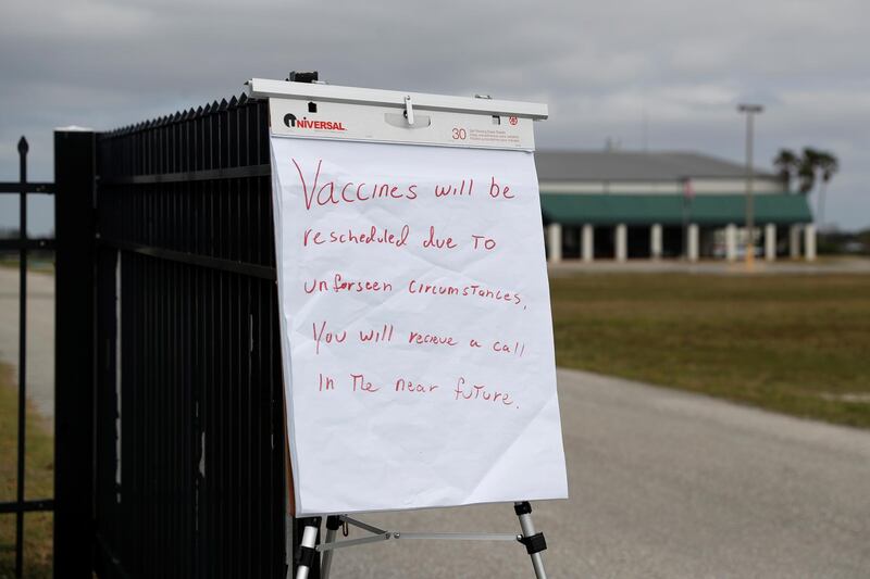 A sign is posted outside the Turner Center drive-thru testing site in Arcadia, Florida. Reuters