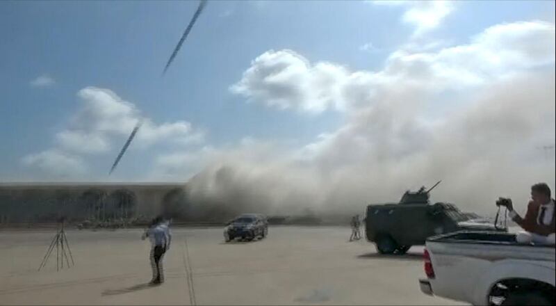 A video grab shows the moment an ordnance hit the Aden Airport, shortly after the arrival of a plane carrying members of a new unity government. Explosions rocked Yemen's Aden airport on Wednesday shortly after the arrival of a plane carrying members of a new unity government, an AFP correspondent at the scene said. "At least two explosions were heard as the cabinet members were leaving the aircraft," the correspondent said. Yemen's internationally recognised government and southern separatists formed a new power-sharing cabinet on December 18,  and arrived in the southern city of Aden on Wednesday, days after being sworn in Saudi Arabia. AFP