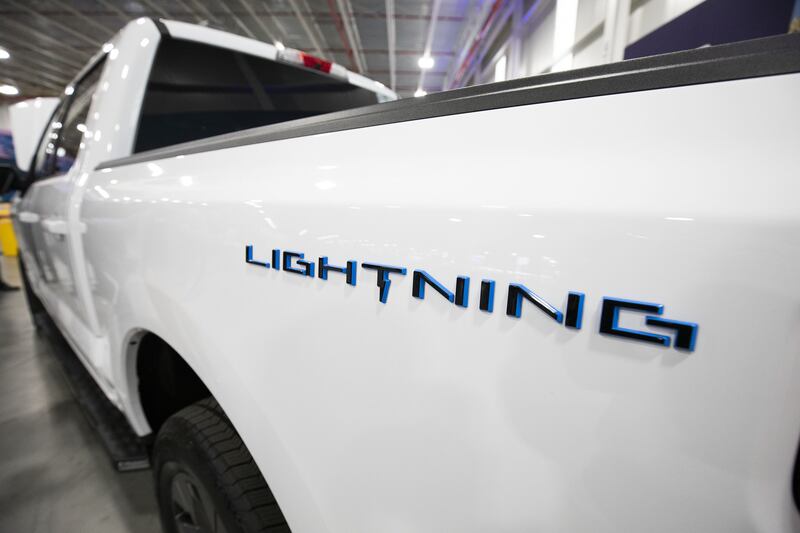 A Ford F-150 Lightning pickup truck at the Rouge Electric Vehicle Centre. Getty / AFP