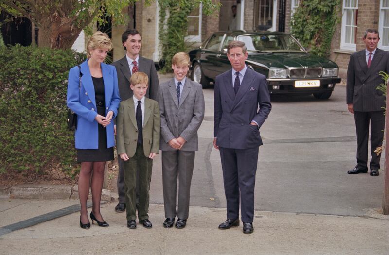Princess Diana and Prince Charles with their sons Prince Harry and Prince William, who was arriving for his first day at Eton College, in September 1995.
