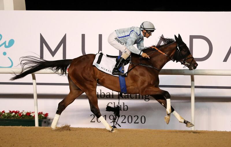 DUBAI , UNITED ARAB EMIRATES , Dec 19  – 2019 :- Royston Ffrench (no 1) guides Down On Da Bayou (USA) to win the 2nd horse race Yahsat trophy 1400m dirt at the Meydan Racecourse in Dubai. ( Pawan Singh / The National ) For Sports. Story by Amith