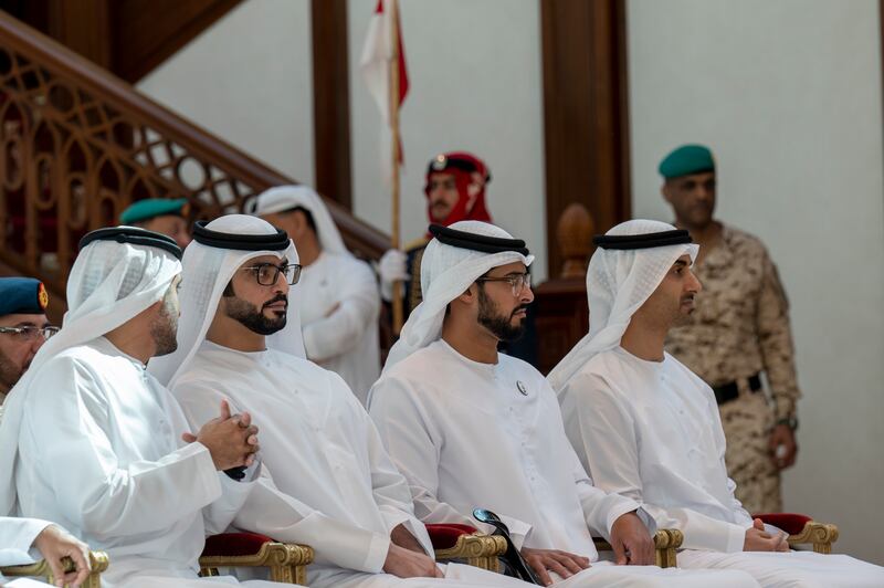 From left, Sheikh Mohammed bin Hamad, adviser for Special Affairs at the Ministry of the Presidential Court; Sheikh Sultan bin Hamdan, the UAE's ambassador to Bahrain; Sheikh Zayed bin Hamdan; and Sheikh Hamdan bin Mohamed attend a meeting.