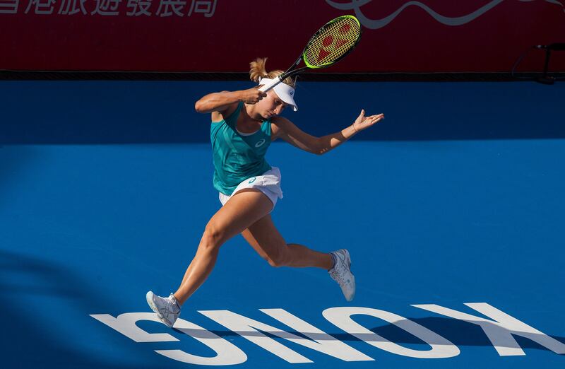 epa06263031 Daria Gavrilova of Australia in action against Lizette Cabrera of Australia during their Prudential Hong Kong Tennis Open quarterfinals match in Hong Kong, China, 13 October 2017.  EPA/ALEX HOFFORD