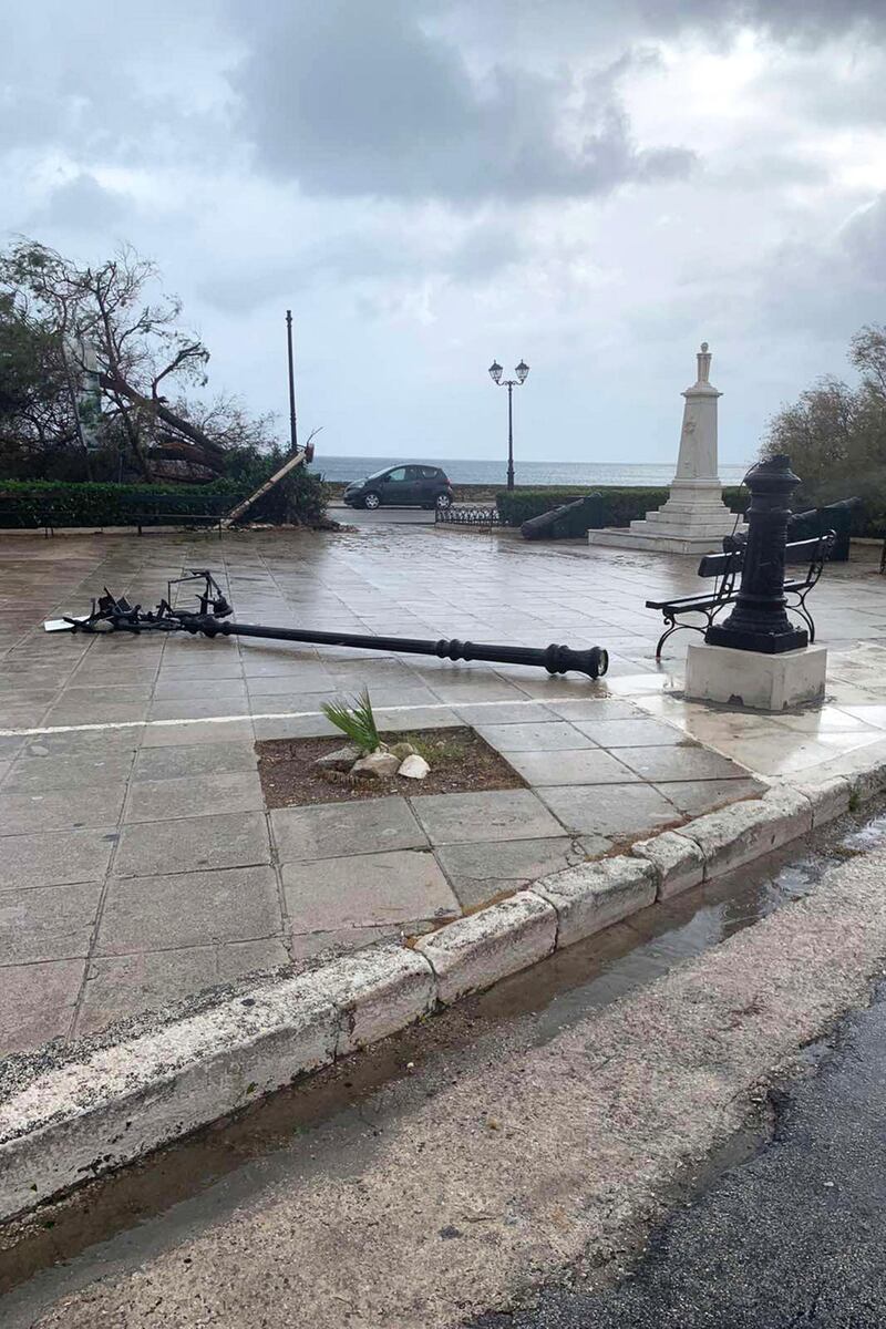 View of a power pole knocked down by Medicane (Mediterranean hurricane) Ianos on Zakynthos island, Greece.  A rare hurricane-like cyclone in the eastern Mediterranean, a so-called 'Medicane', named Ianos is forecasted to make landfall  in Kefalonia, Ithaca and Zakynthos with winds reaching hurricane-force Category 1.  EPA