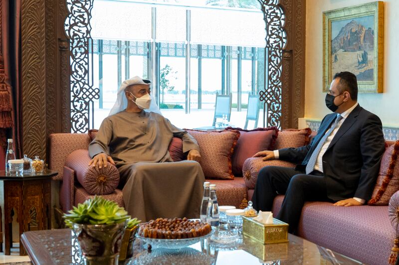 Sheikh Mohamed bin Zayed, Crown Prince of Abu Dhabi and Deputy Supreme Commander of the UAE Armed Forces, meets with Yemen's Prime Minister Dr Maeen Abdulmalik Saeed, at Al Shati Palace, Abu Dhabi. Ministry of Presidential Affairs