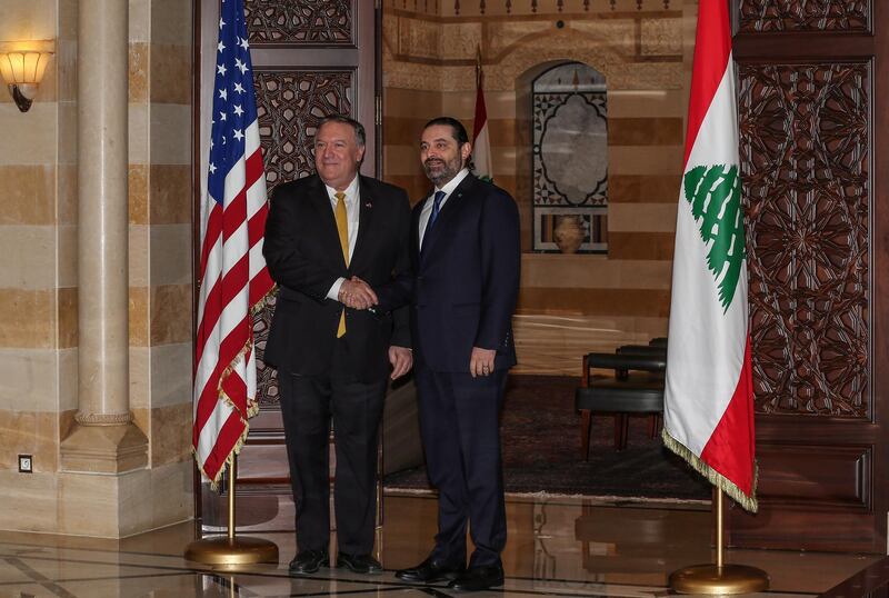 epa07455804 Lebanese Prime Minister Saad Hariri (R) meets with US Secretary of State Mike Pompeo (L) at the government palace in Beirut, Lebanon, 22 March 2019. Pompeo arrived in Beirut on the last leg of his five-day Mideast tour that also took him to Kuwait and Israel.  EPA/NABIL MOUNZER