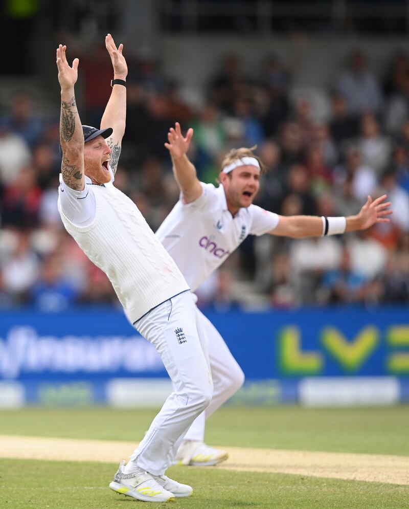 England captain Ben Stokes and Stuart Broad of England appeal for the wicket of New Zealand's Tom Blundell. Getty