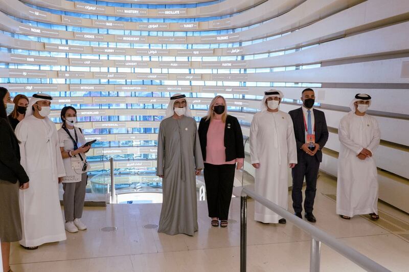 Sheikh Mohammed inside the UK pavilion, which tells the story of the country's contributions in technology, creativity and innovation.