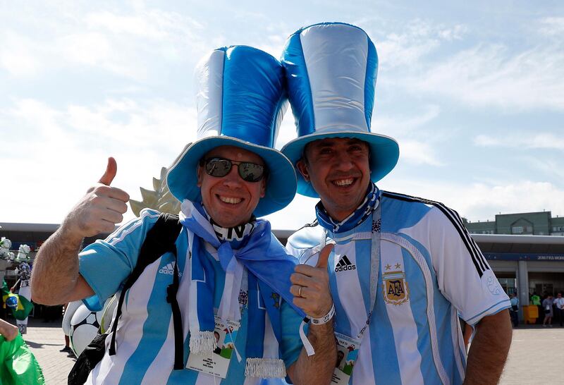 Fans of Argentina pose before the FIFA World Cup 2018 round of 16 soccer match between France and Argentina in Kazan, Russia, on June 30, 2018. Sergey Dolzhenko / EPA