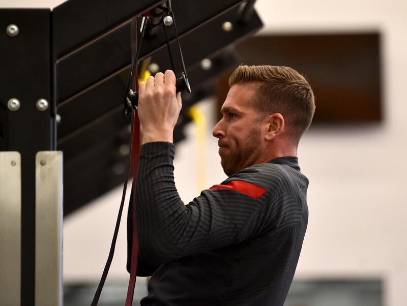 KIRKBY, ENGLAND - NOVEMBER 19: (THE SUN OUT, THE SUN ON SUNDAY OUT) Adrian of Liverpool during a gym training session at AXA Training Centre on November 19, 2020 in Kirkby, England. (Photo by Andrew Powell/Liverpool FC via Getty Images)