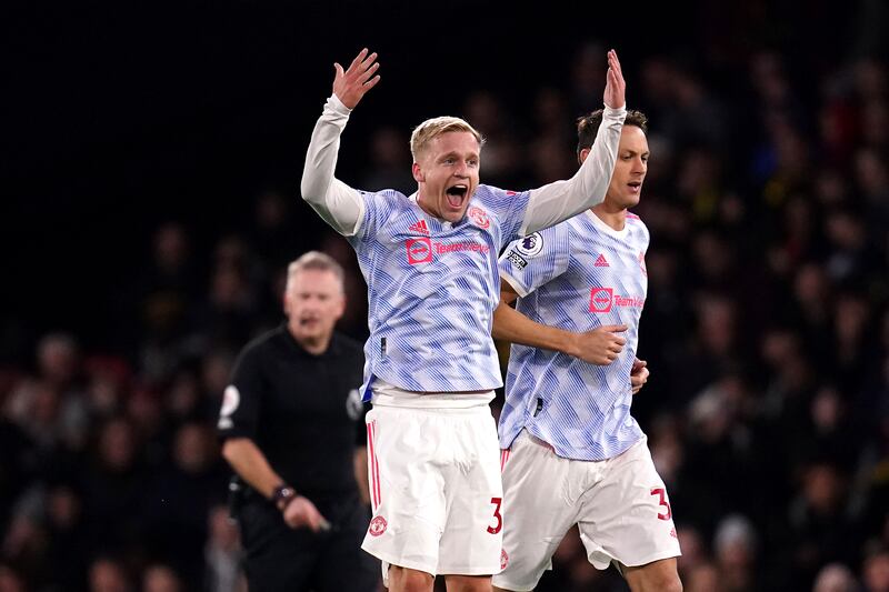 United's Donny van de Beek celebrates after scoring. PA