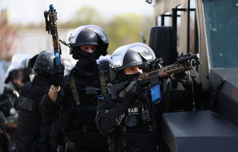 Members of the French National Police elite unit take part in an exercise drill in the Paris suburb of Draveil. AFP