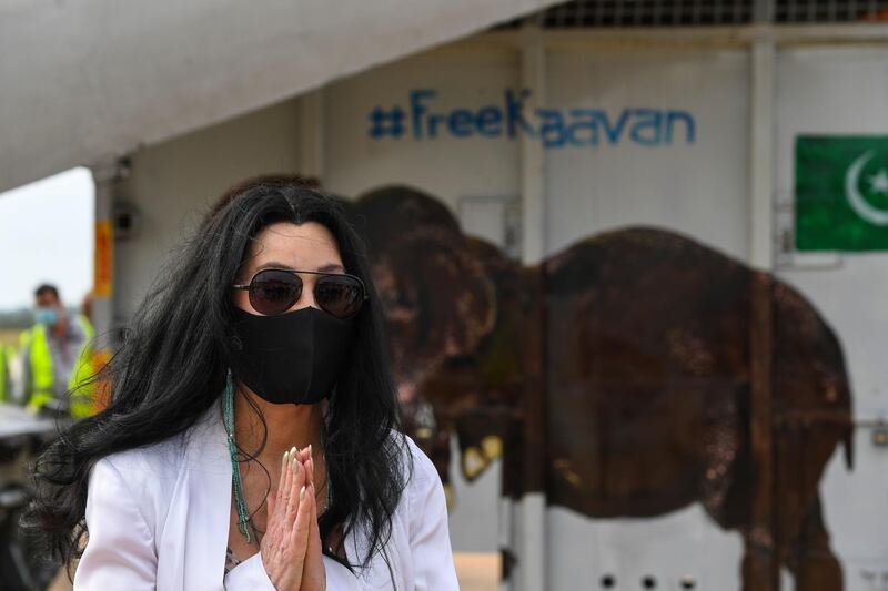 US pop singer Cher gestures in front of the crate of Kaavan the Asian elephant upon his arrival in Cambodia from Pakistan at Siem Reap International Airport on November 30, 2020.  AFP