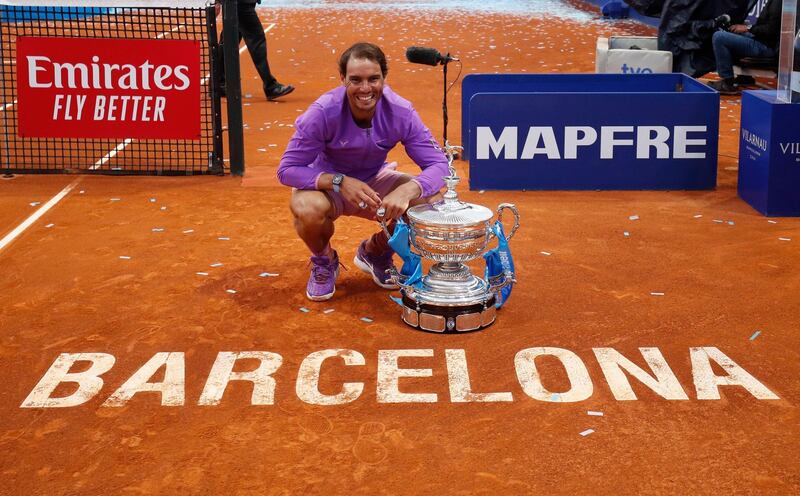 Rafael Nadal celebrates after winning the Barcelona Open final 6-4, 6-7, 7-5 against Stefanos Tsitsipas on Sunday, April 25. Reuters
