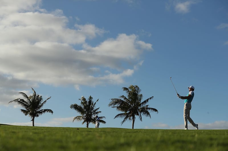 Daniel Pearce of New Zealand hits his approach shot on the 7th hole, during day one of the 2017 Fiji International at Natadola Bay Championship Golf Course in Suva, Fiji.  Mark Metcalfe / Getty Images.
