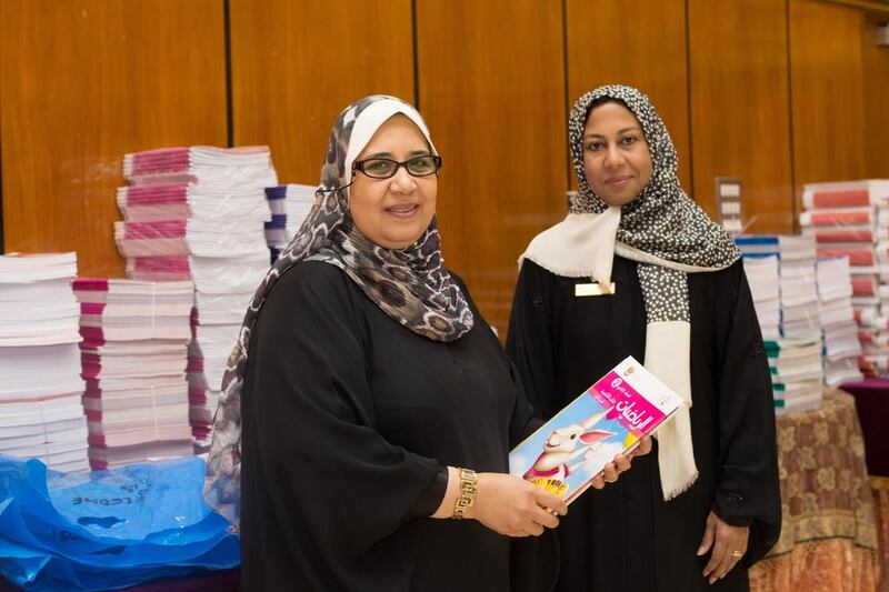 Equipment manager Elham Ahmed, left, and principal Amna Al Mulla at the Sharjah Model School for Boys. Clint McLean for The National