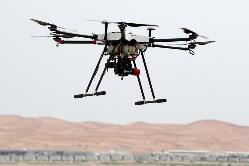 AL AIN , UNITED ARAB EMIRATES , FEB 27  – 2018 :- KWT – X6H ( CHINA ) drone during the Live Demonstration of the Drones on the third day of the UMEX held near the Al Ain International Airport in Al Ain. ( Pawan Singh / The National ) For News