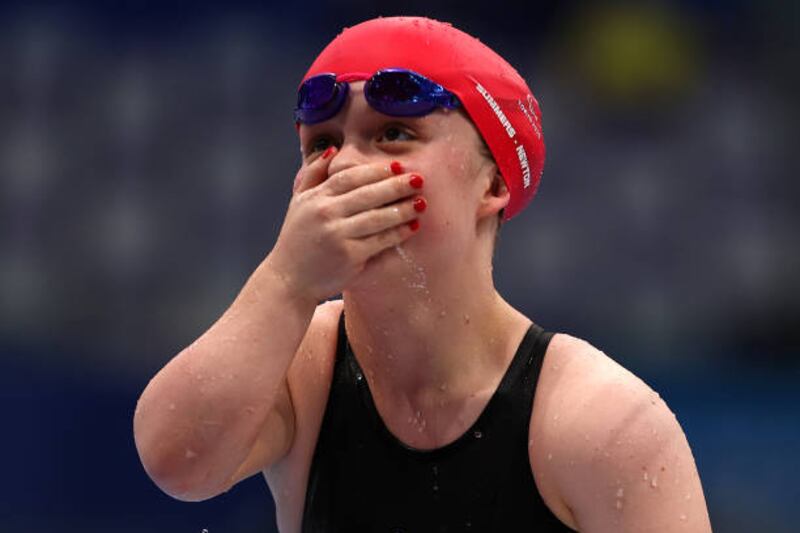 Maisie Summers-Newton celebrates after winning gold g in the 200m individual medley. Getty