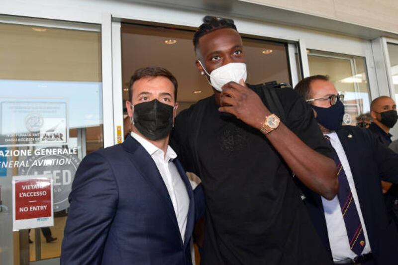 Tammy Abraham and Tiago Pinto after Roma's new signing arrives at Ciampino Airport.
