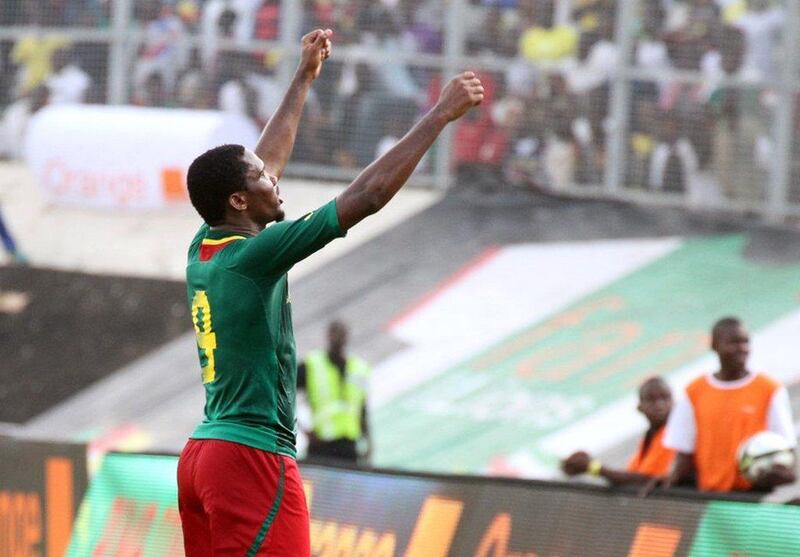 Samuel Eto'o celebrating after Cameroon advanced to their seventh World Cup on Sunday. AFP Photo