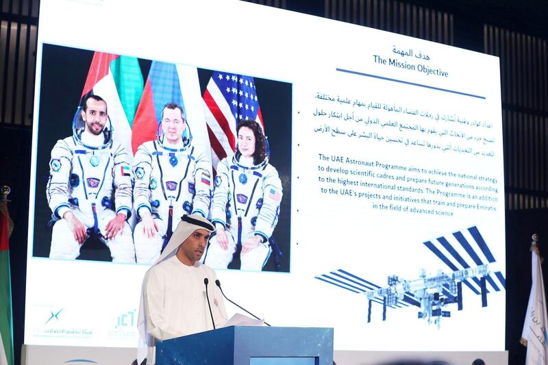 DUBAI ,  UNITED ARAB EMIRATES , AUGUST 26 – 2019 :- Salem Humaid Al Marri , Assistant DG, Science and Technology Sector , Head of the UAE Astronaut Programme speaking during the press conference about the progress of UAE astronauts held at the Armani Hotel in Dubai. ( Pawan Singh / The National ) For News. Story by Patrick