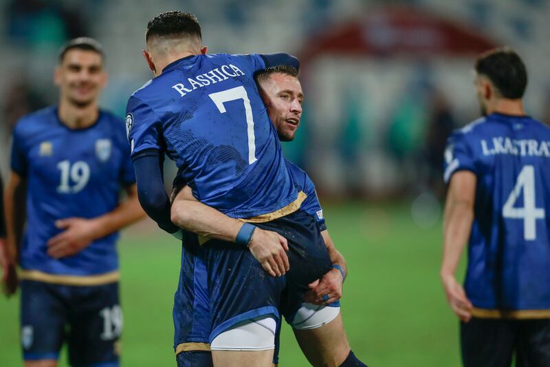 Kosovo's Milot Rashica celebrates with teammates after scoring the only goal in a win over Israel. AP