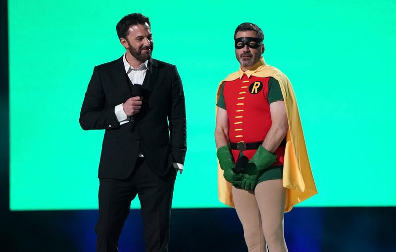 Ben Affleck and Jimmy Kimmel speak at Vax Live fundraising concert. AP Photo