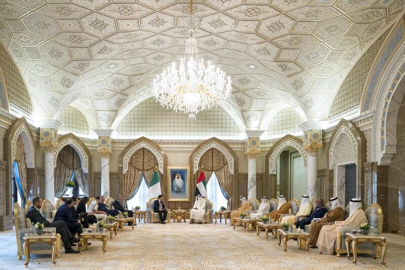 ABU DHABI, UNITED ARAB EMIRATES - November 15, 2018:  HH Sheikh Mohamed bin Zayed Al Nahyan Crown Prince of Abu Dhabi Deputy Supreme Commander of the UAE Armed Forces (center R), meets with HE Giuseppe Conte, Prime Minister of Italy (center L), at the Presidential Palace.

( Mohamed Al Hammadi / Ministry of Presidential Affairs )
---