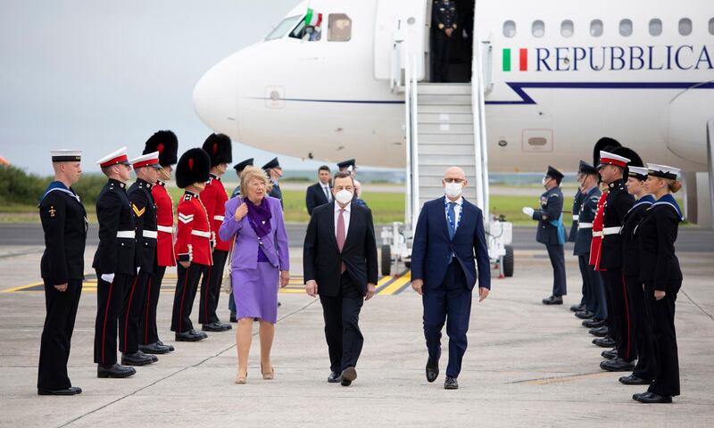 Prime Minister of Italy Mario Draghi steps off his plane in Cornwall. EPA