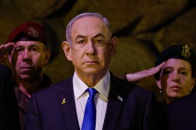 Israeli Prime Minister Benjamin Netanyahu marking Holocaust remembrance day on Monday. AFP