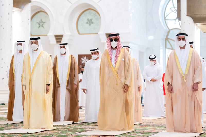 Sheikh Mansour bin Zayed, Deputy Prime Minister and Minister of Presidential Affairs; Sheikh Tahnoun bin Zayed, National Security Adviser, and Sheikh Saif bin Zayed, Deputy Prime Minister and Minister of Interior, attend Eid Al Fitr prayers. Photo: Ministry of Presidential Affairs