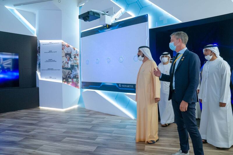 Sheikh Mohammed is given a tour of the Swiss pavilion at Expo 2020 Dubai.