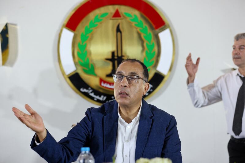 Egyptian Prime Minister Mostafa Madbouly attends a press conference during his visit to the Rafah border crossing, October 31, 2023. Reuters