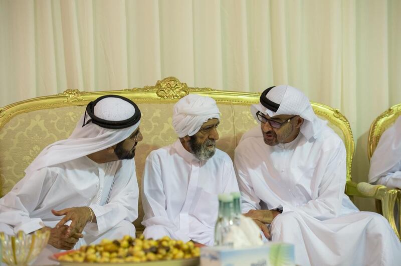 Sheikh Mohammed bin Rashid, Vice President and Ruler of Dubai, and Sheikh Mohammed bin Zayed, Crown Prince of Abu Dhabi and Deputy Supreme Commander of the Armed Forces, offer condolences to the father of Cpl Abdul Rahman Ibrahim Al Baloushi, who died in a car accident in Saudi Arabia last week. Rashed Al Mansoori / Crown Prince Court – Abu Dhabi 