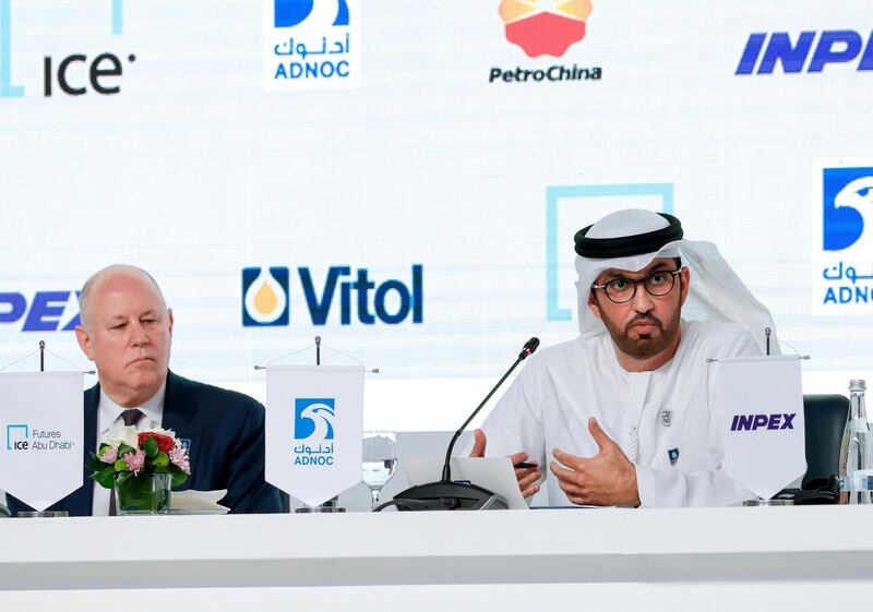 Abu Dhabi, United Arab Emirates, November 11, 2019.  
ADIPEC day 1 PRESS Conference.
-- (R-L)  H.E. Sultan Ahmed Al Jaber, Minister of State, United Arab Emirates, the Director-General and CEO of the Abu Dhabi National Oil Company (ADNOC Group), and Jeffrey Sprecher, Founder, Chairman and CEO of Intercontinenal Exchange and Chairman of the New York Stock Exchange during the Press Conference.
Victor Besa / The National
Section:  NA
Reporter:  Jennifer Gnana