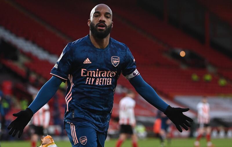 Arsenal's Alexandre Lacazette celebrates after scoring the opening goal. EPA