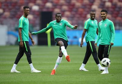 Soccer Football - World Cup - Saudi Arabia Training - Luzhniki Stadium, Moscow, Russia - June 13, 2018   Saudi Arabia's Abdulmalek Al-Khaibri and team mates during training   REUTERS/Carl Recine