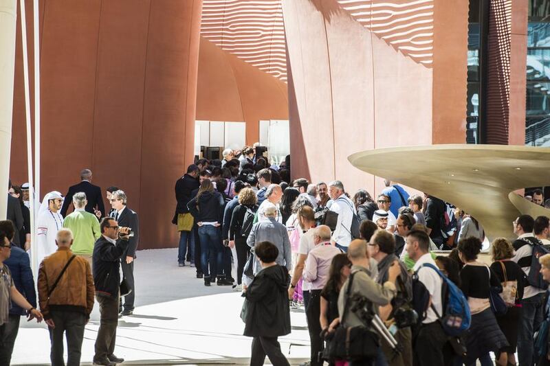 Eager and curious visitors queue outside the UAE’s pavilion at the Milan Expo. Giuseppe Aresu for The National