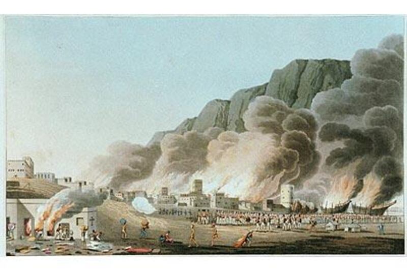 One of the lithographs depicting the sacking of Ras al Khaimah by a British fleet in November 1809. The town was devastated and the attack led to British control of the Gulf.