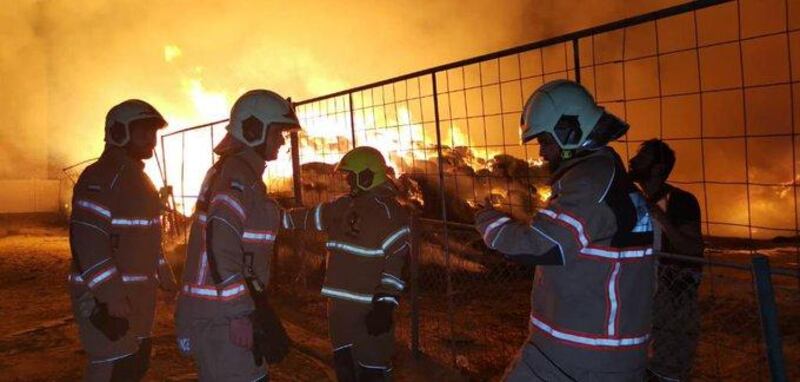 Fire crews from Dubai Civil Defence battled a blaze at a cattle market. Courtesy: Dubai Media Office